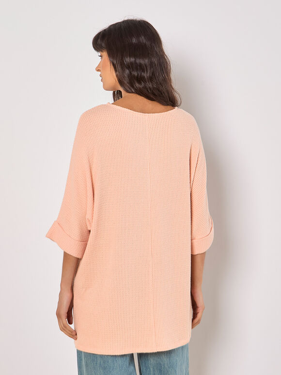 Soft-Touch Batwing Waffle Knit Top, Peach, large