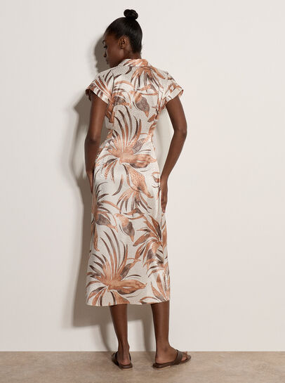 Tropical Leaf Satin Shirt Midi Dress