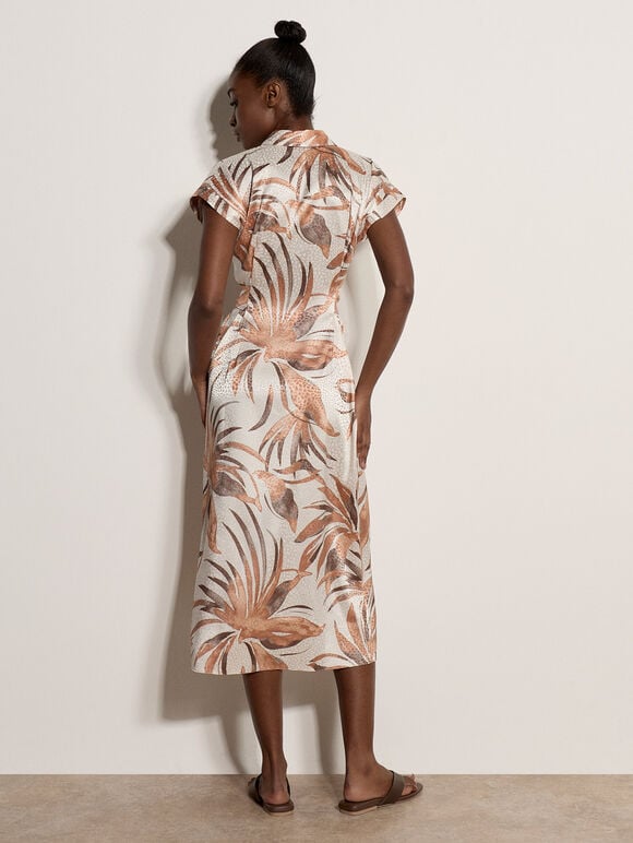 Tropical Leaf Satin Shirt Midi Dress, Stone, large