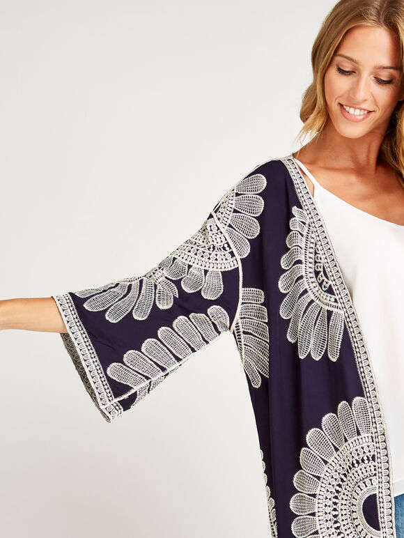 Navy  Embroidered Longline Kimono, Navy, large