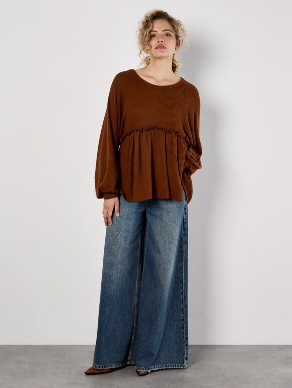 Waffle Knit Babydoll Oversized Top, Rust, large