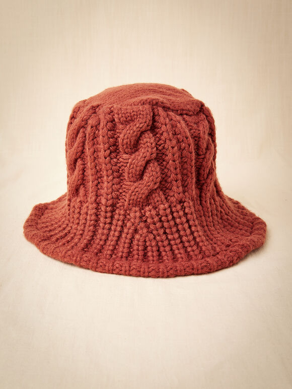 Cable Knit Bucket Hat, Red, large