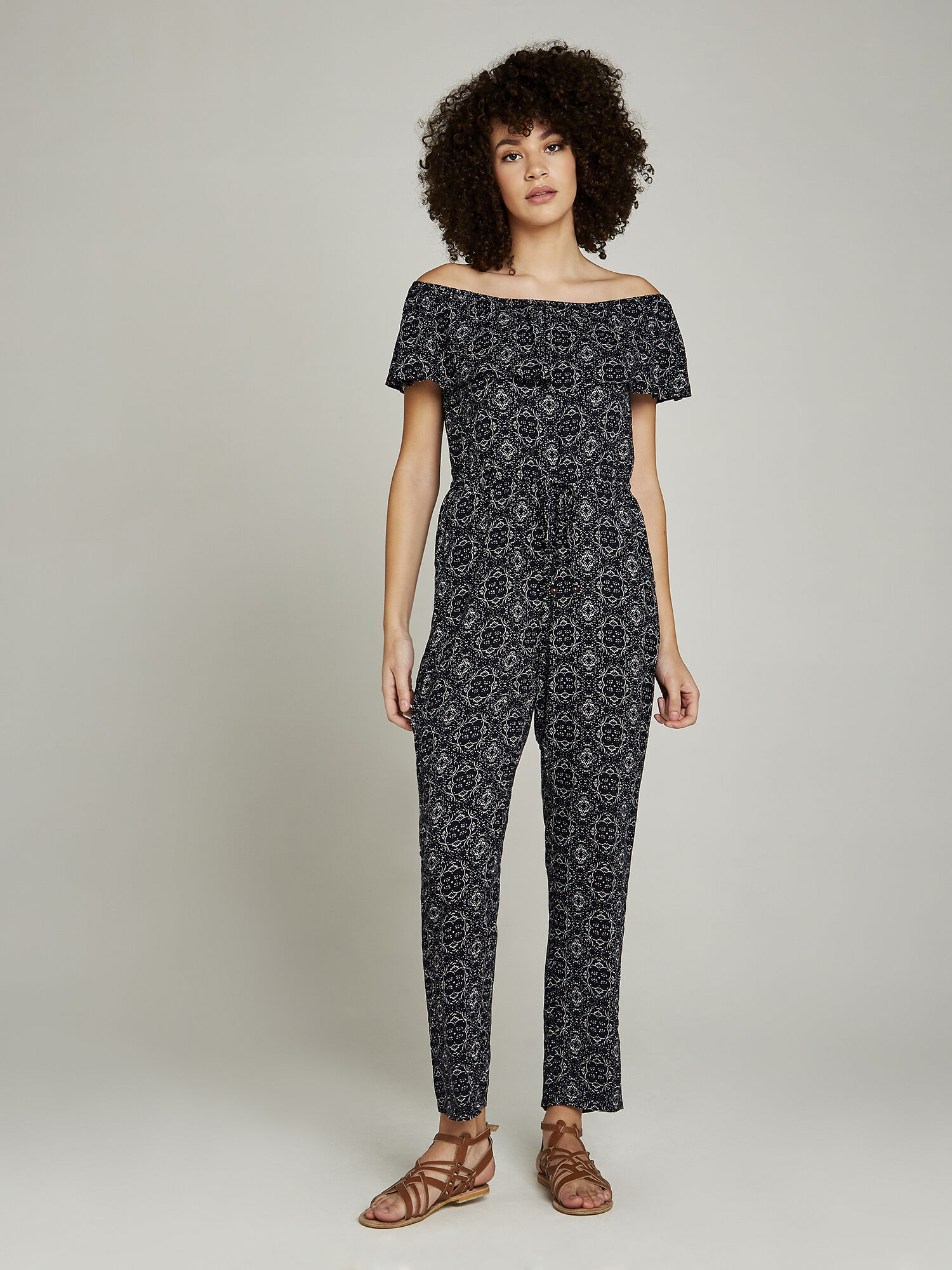 Navy Mosaic Floral Bardot Jumpsuit Apricot Clothing