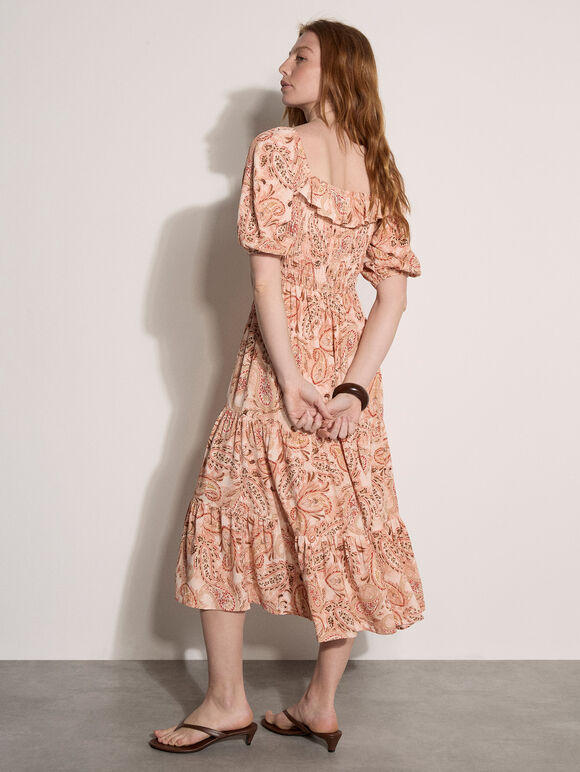 Paisley Print Milkmaid Midi Dress, Peach, large