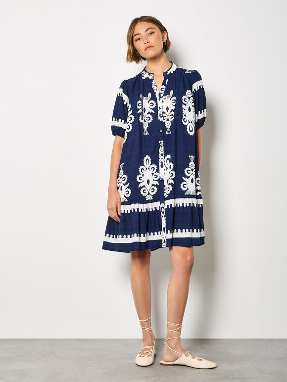 Baroque Print Shirt Mini Dress, Navy, large