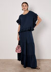 Ruffle Trim Woven Top, Navy, large