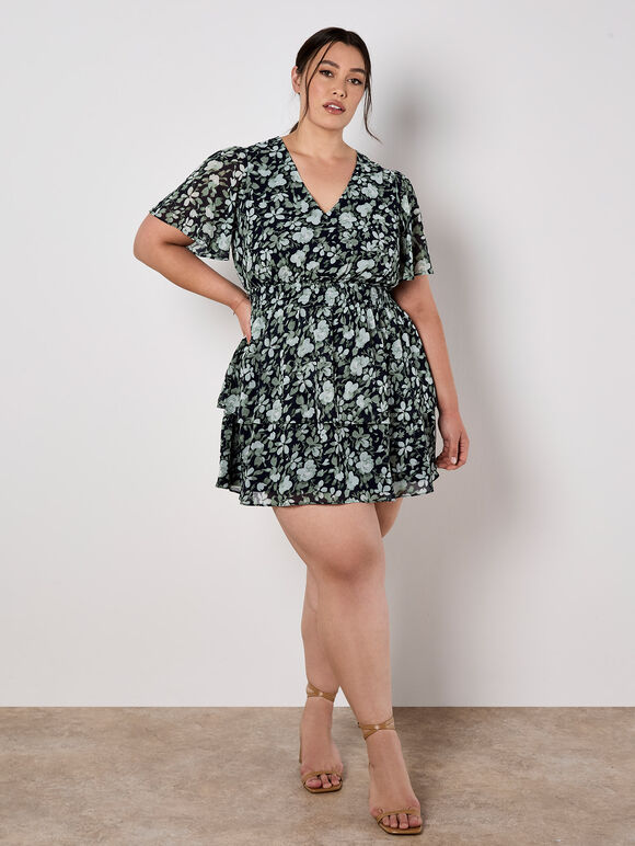 Watercolour Rose Tiered Mini Dress, Navy, large