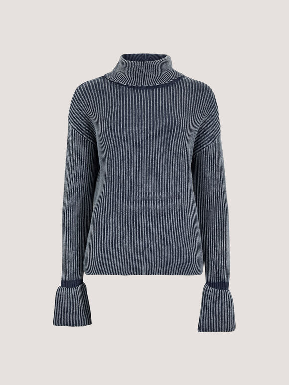 Roll Neck Ribbed Stonewashed Jumper, Blue, large