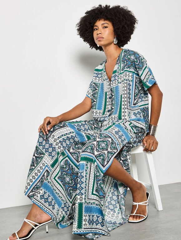 Folk Patchwork Wide Leg Trousers, Blue, large