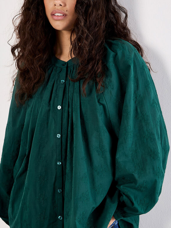 Floral Embroidered Cotton Shirt, Green, large
