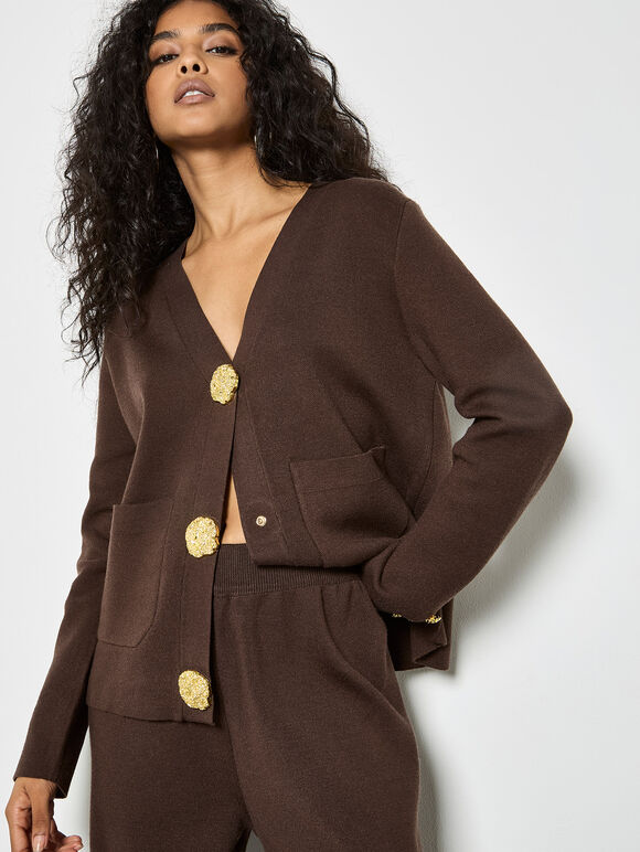 Statement Hammered Buttons Lightweight Cardigan, Brown, large