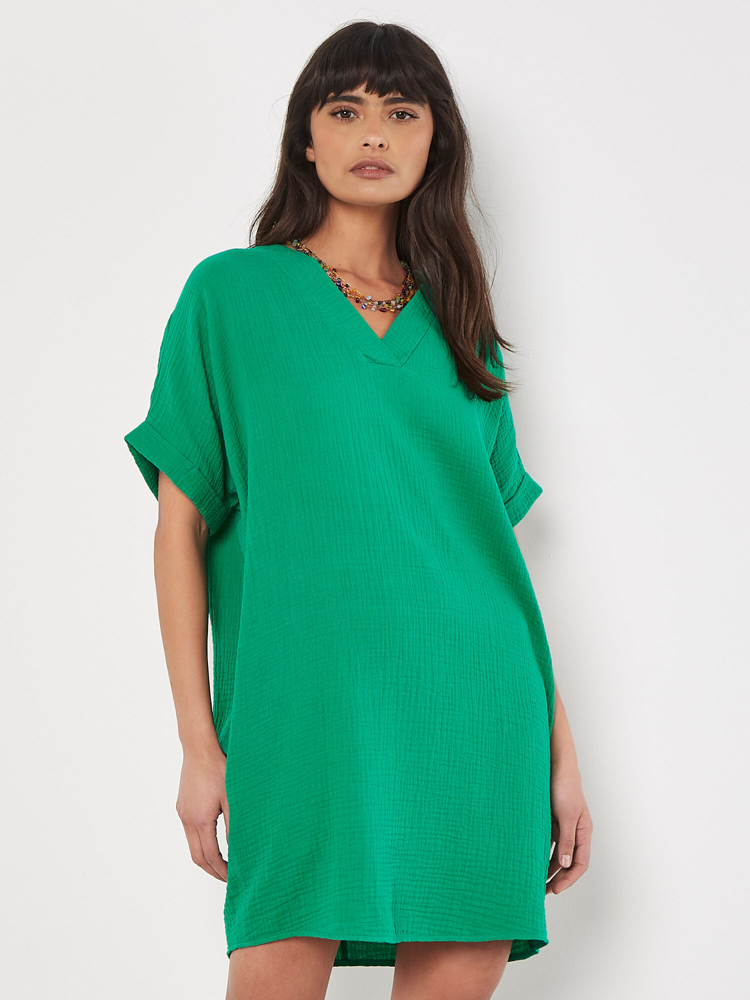 Textured Cotton Oversized T Shirt Dress Apricot Clothing