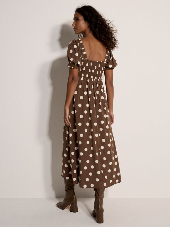 Polka Dot Bow Detail Midi Dress, Brown, large