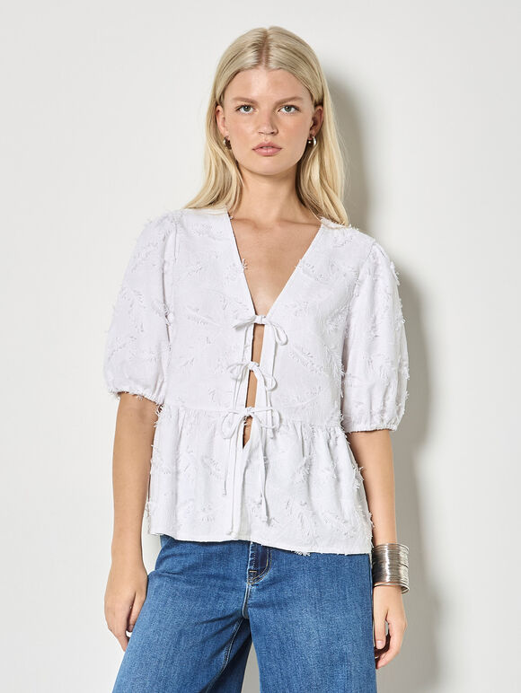 Eyelash Embroidery Linen Blend Blouse, White, large