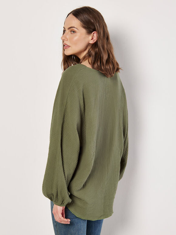 Cotton Oversized Tie Hem Top, Khaki, large