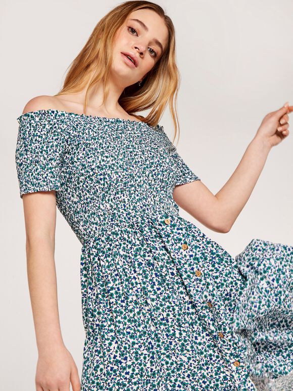 Vintage Ditsy Smock Bardot Dress, Aqua - Turquoise, large