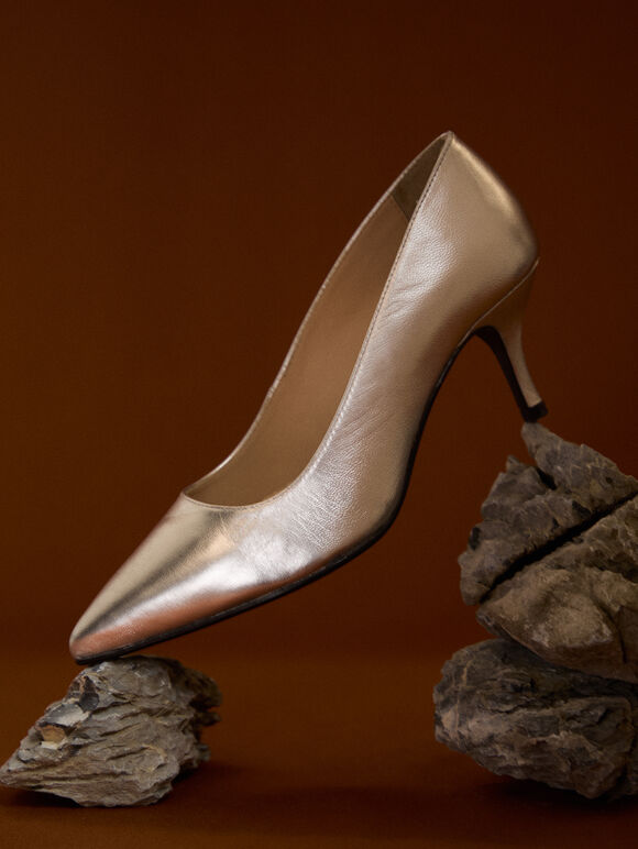 Leather Stiletto Heel Shoes, Silver, large