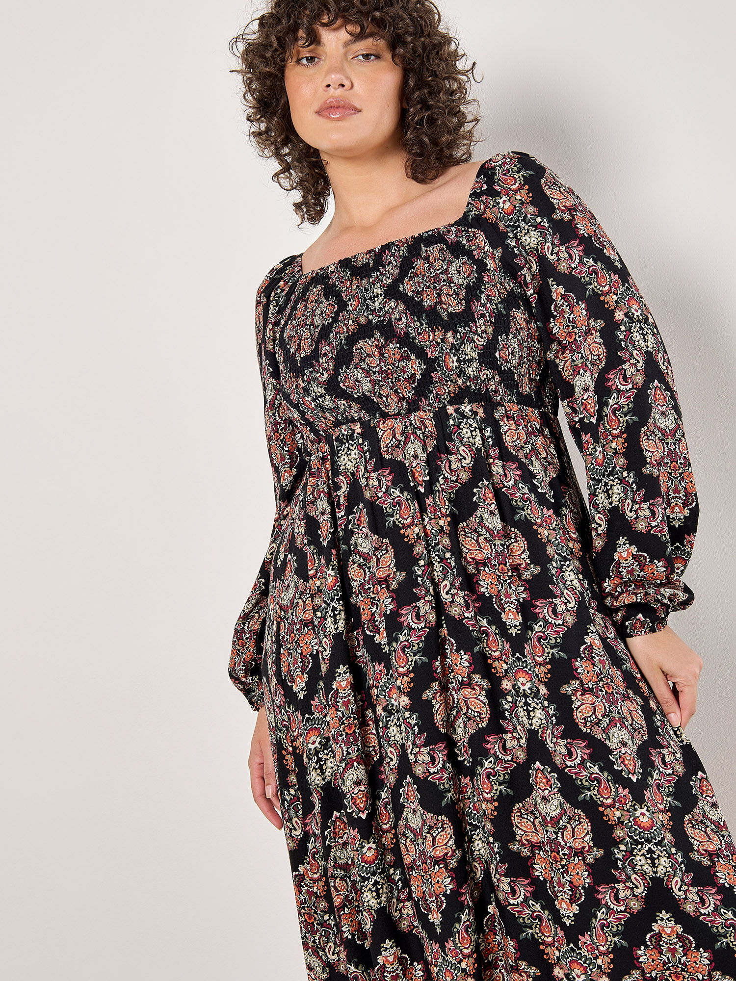 Curve Folk Diamond Smocked Midi Dress Apricot Clothing
