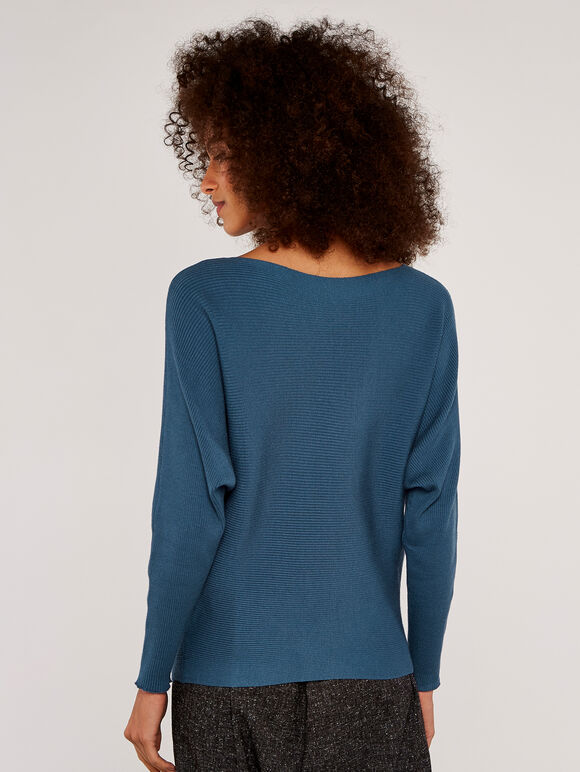 Boat Neck Ribbed Jumper, Blue, large