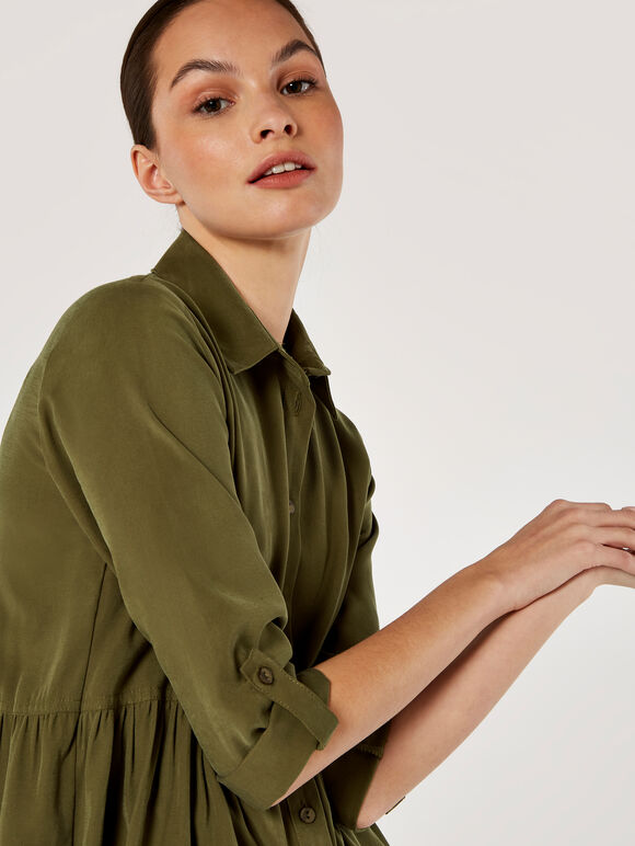 Tiered Shirt Dress, Green, large