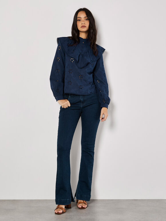 Embroidered Cotton Ruffle Blouse, Navy, large