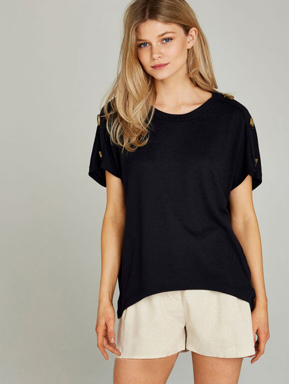 Button Shoulder Curved Hem Tee, Navy, large