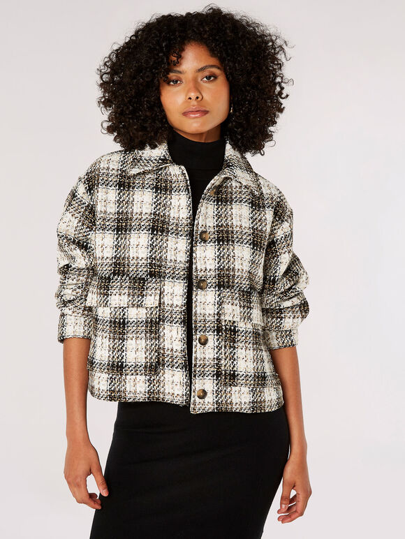Woven Textured Check Cropped Shacket, Brown, large