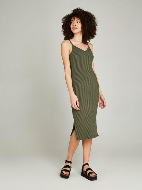 Ribbed Side Split Midi Dress, Khaki, large