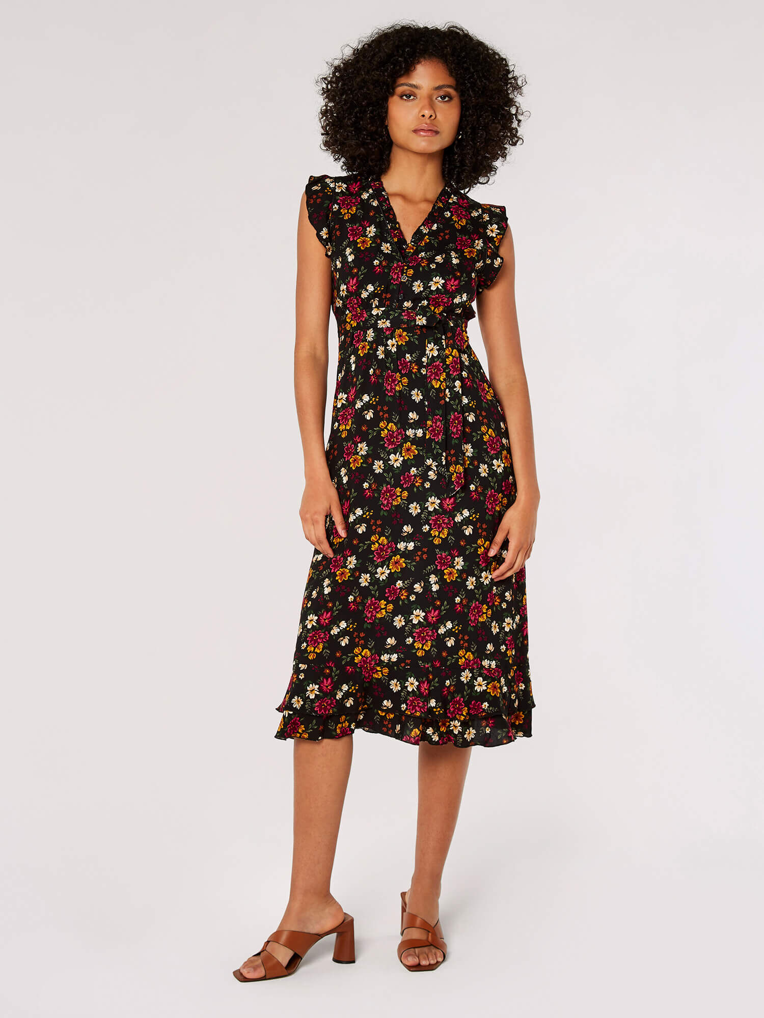 Painterly Floral Midi Dress Apricot Clothing