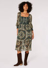 Scarf Print Milkmaid Midi Dress, Green, large