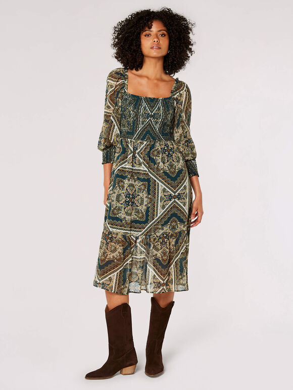 Scarf Print Milkmaid Midi Dress, Green, large
