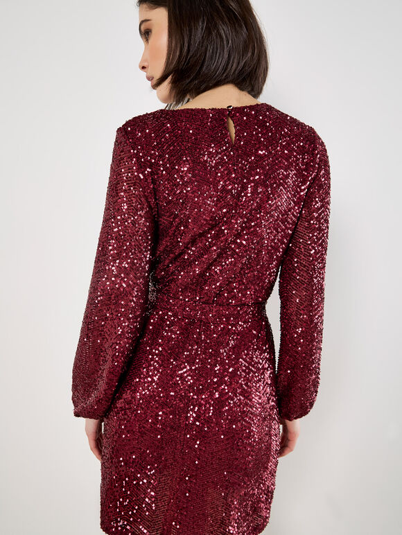Chevron Sequin Belted Mini Dress, Burgundy, large