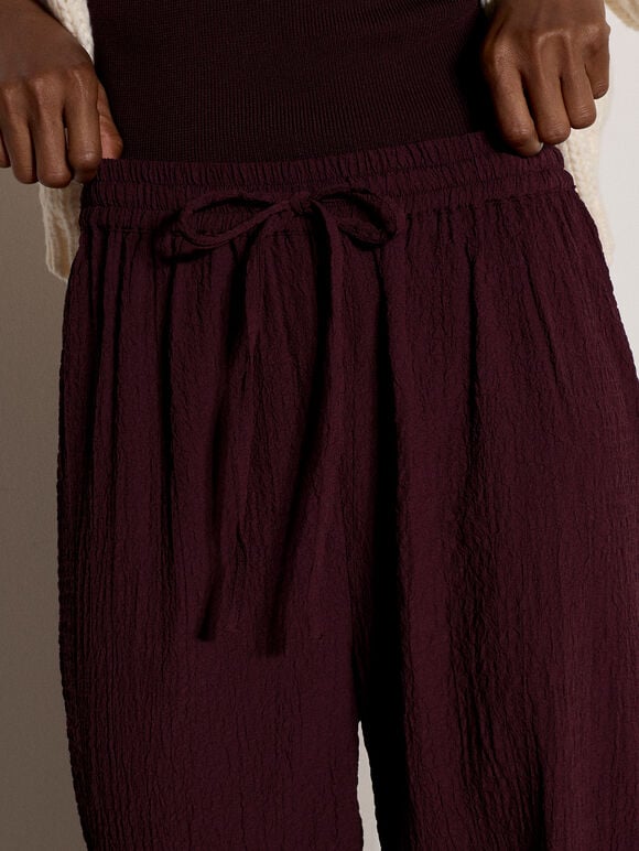 Crinkle-Textured Wide-Leg Joggers, Burgundy, large