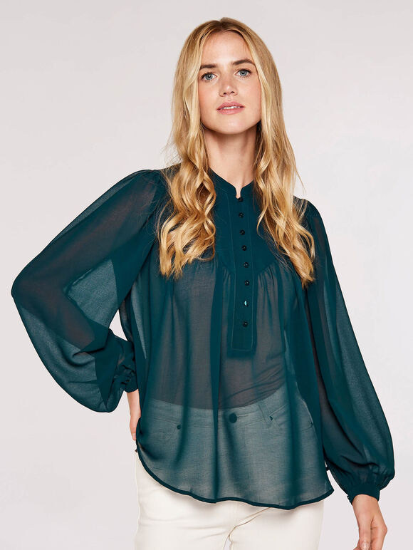 Layered V Neck  Blouse, Green, large