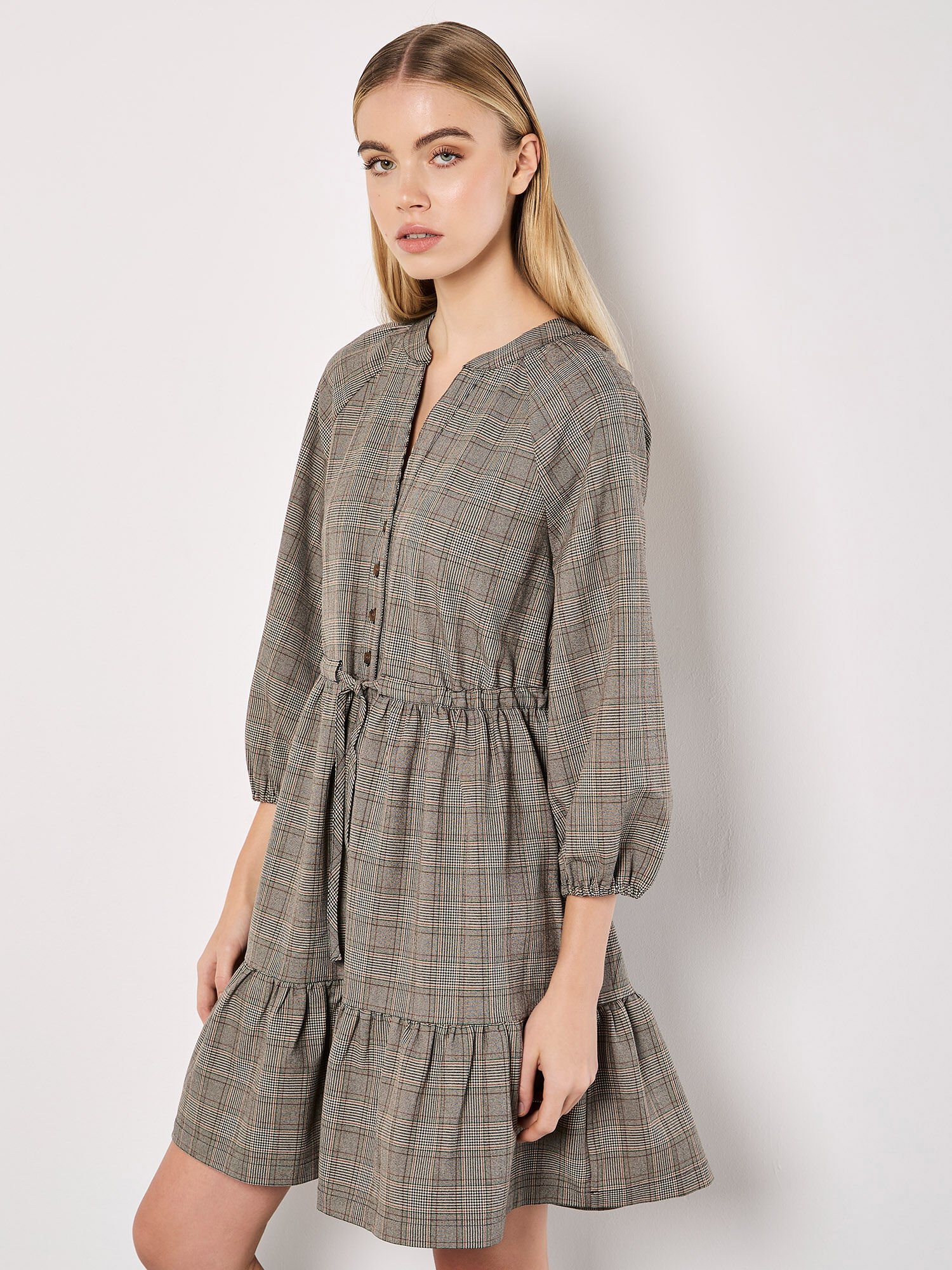 Heritage Check Ruffle Hem Mini Dress Apricot Clothing