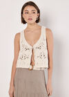 Floral Crochet Tie Front Waistcoat, Cream, large