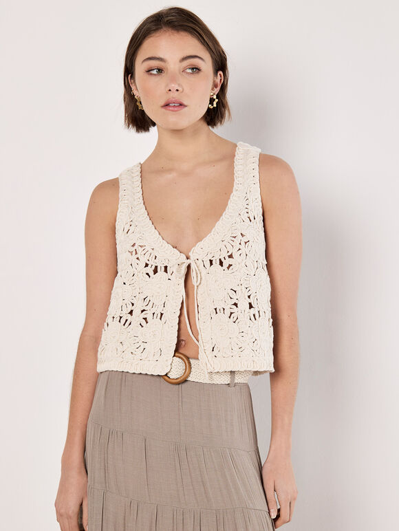 Floral Crochet Tie Front Waistcoat, Cream, large