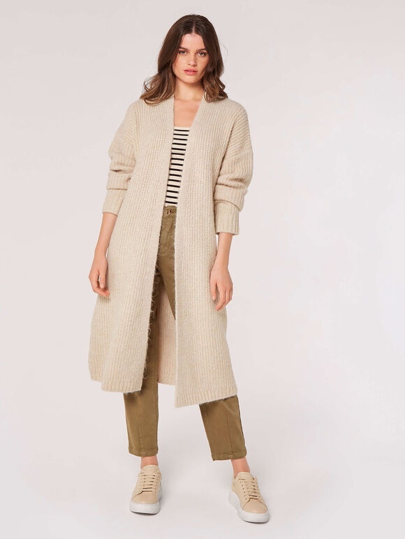 Fisherman Knit Longline  Cardigan, Stone, large