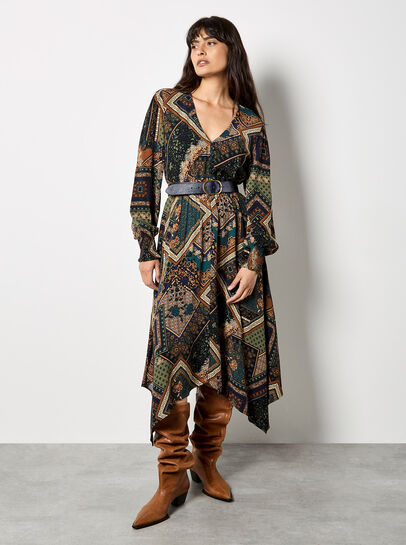 Patchwork Print Hanky Hem Midaxi Dress