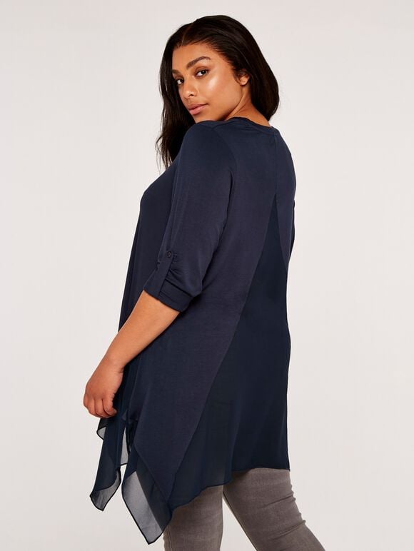 Curve Waterfall Hem Roll Sleeve Top, Navy, large