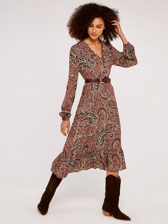 Paisley Midi Dress, Burgundy, large
