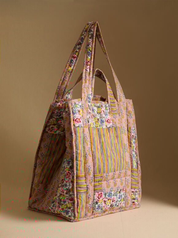 Printed Patchwork Cotton Tote Bag, Assorted, large