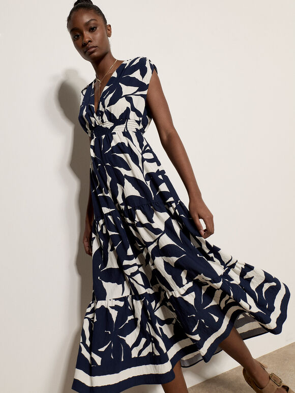 Floral Silhouette Tiered Midi Dress, Navy, large