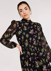 Floral Bouquet Smocked Midi Dress, Black, large