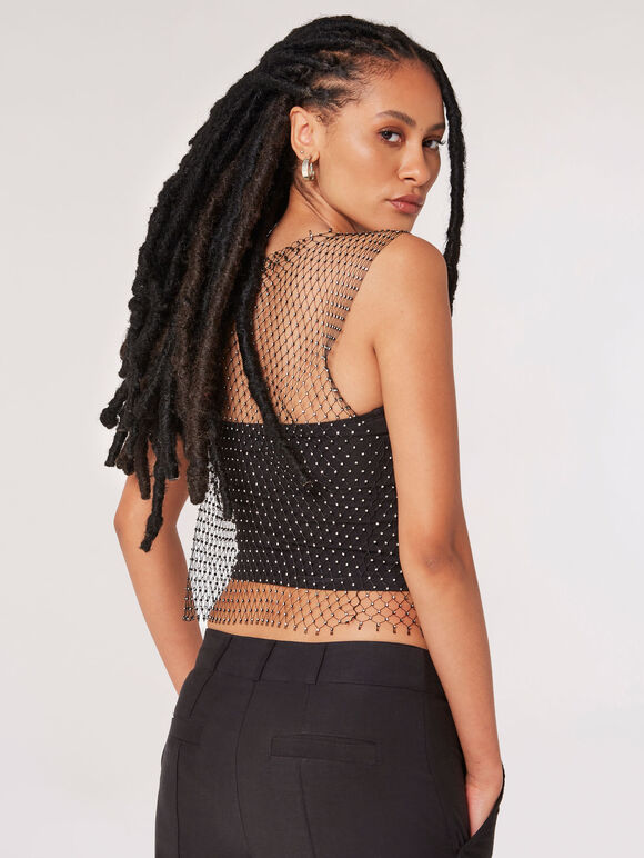 Rhinestone Mesh Tank Top, Black, large
