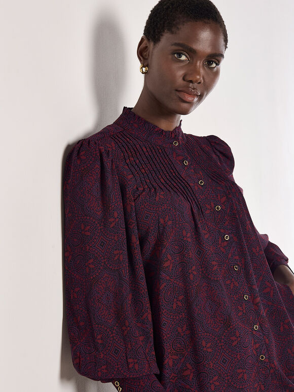 Mosaic Print Chiffon Ruffle Blouse, Burgundy, large