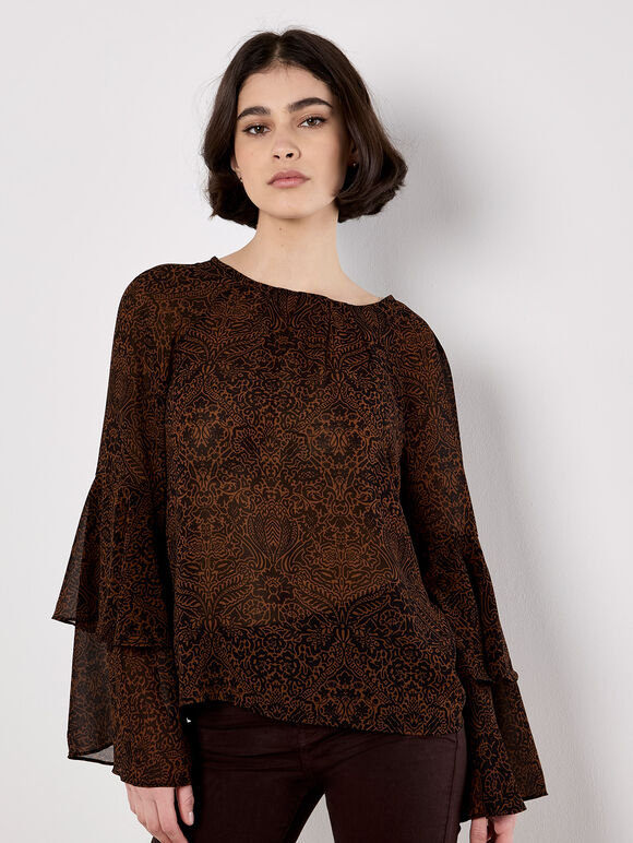 Paisley Print Ruffle Sleeve Blouse, Rust, large