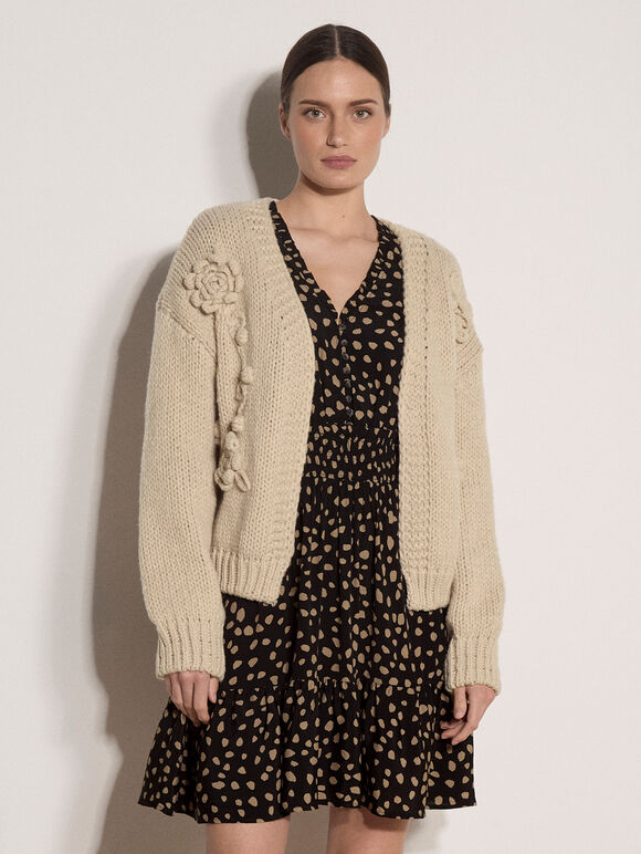 Rose Applique Chunky Knit Cardigan, Stone, large