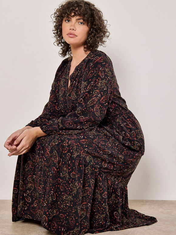 Curve Painterly Paisley Midi Dress, Black, large