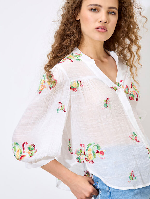 Floral Paisley Embroidered Blouse, White, large